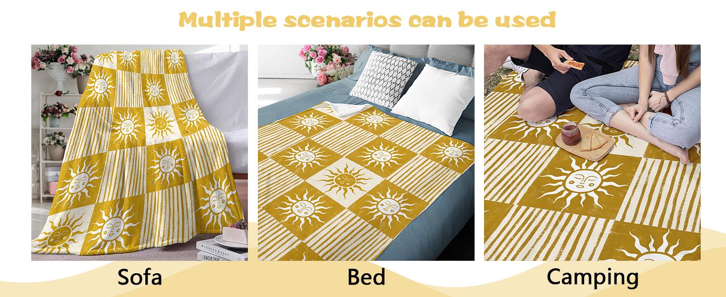 Boho Sun Face Flannel Throw Blanket, Bohemia Sunshine Yellow Birthday Gifts for Kids Men Women, Sunny Plaid Check Stripes Soft Blankets for Bedding Sofa 50" x 60"