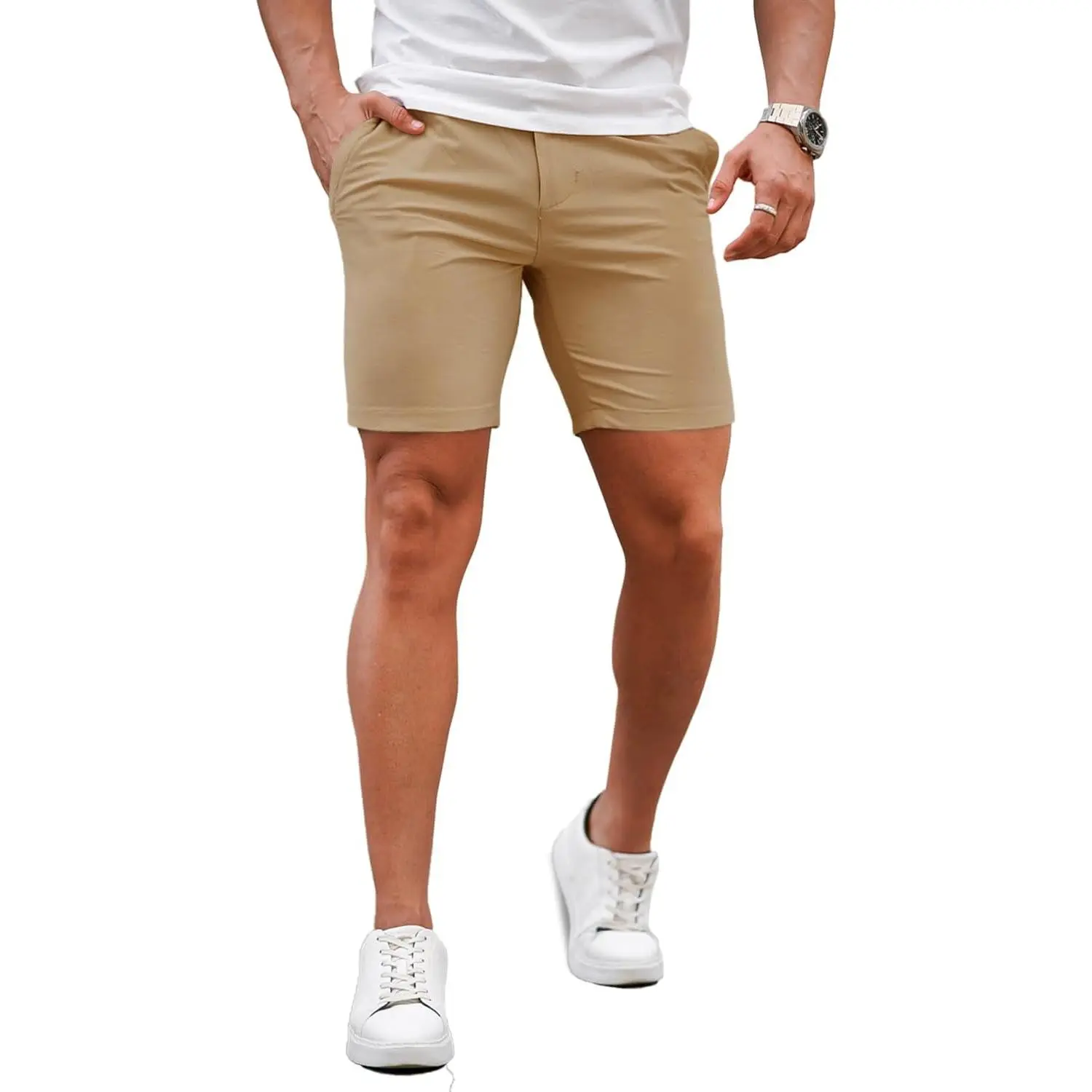 Men's Plaid Chino Shorts, Casual Slim Fit Tapered Leg in Stretchy Cotton Spandex with an Elastic Waistband, Smooth, Natural, Menswear, Fashion, Cotton And Spandex, Slim-Fitting, Pocket, Men's Shorts, Male Shorts