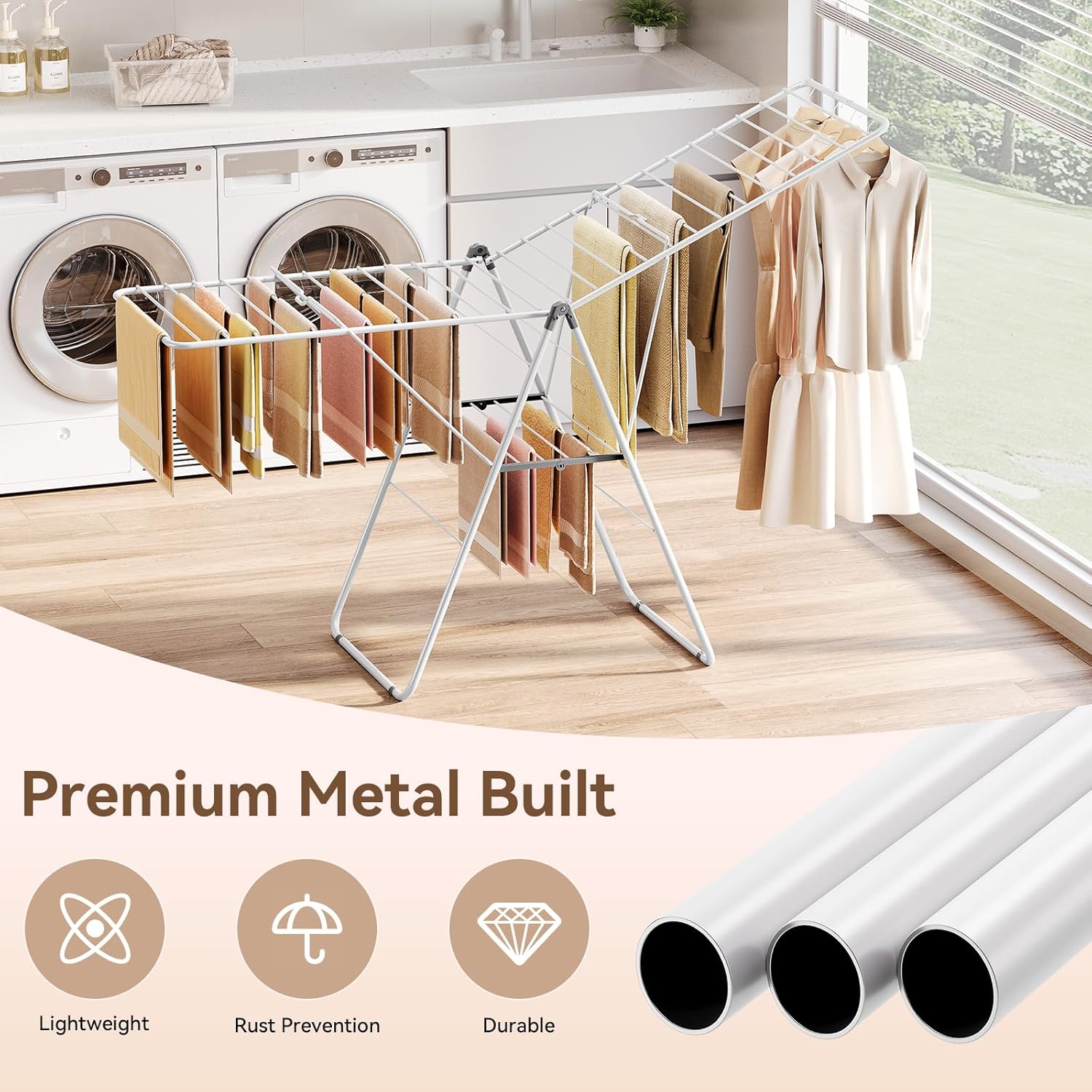 Clothes Drying Rack, Foldable Drying Rack Clothing, Sturdy Metal Laundry Drying Rack, Height-Adjustable Gullwing, Easy to Fold, Space-Saving, for Indoor Outdoor, White