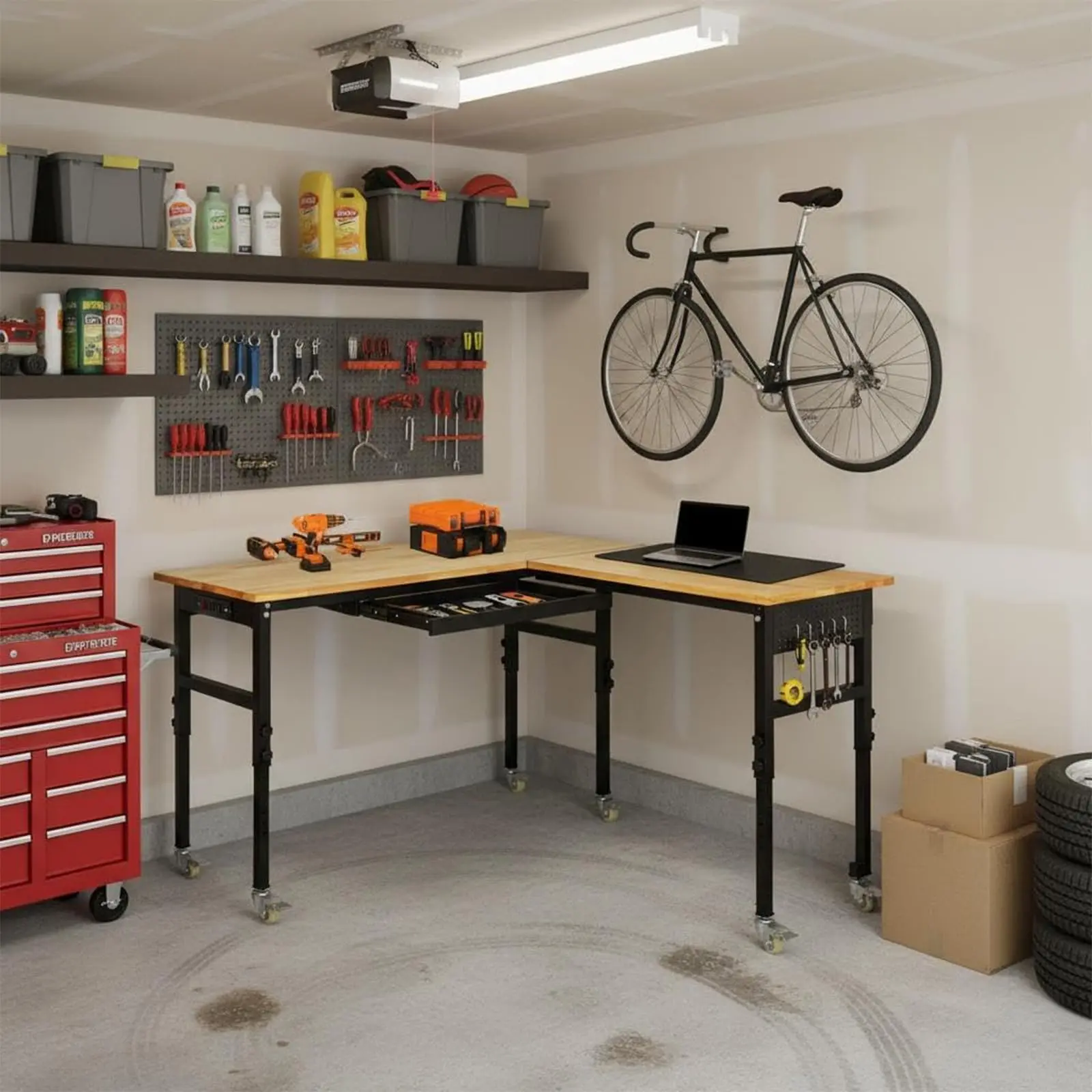 Hosslly Heavy Duty L-Shaped Commercial Workbench - 118in Total Length (70in+48in), 29.5-39.4in Height, 2000lbs Capacity, Rubberwood Top, Charging Ports, Pegboard, Automotive Garage Use - 2 Packs, Two Packs