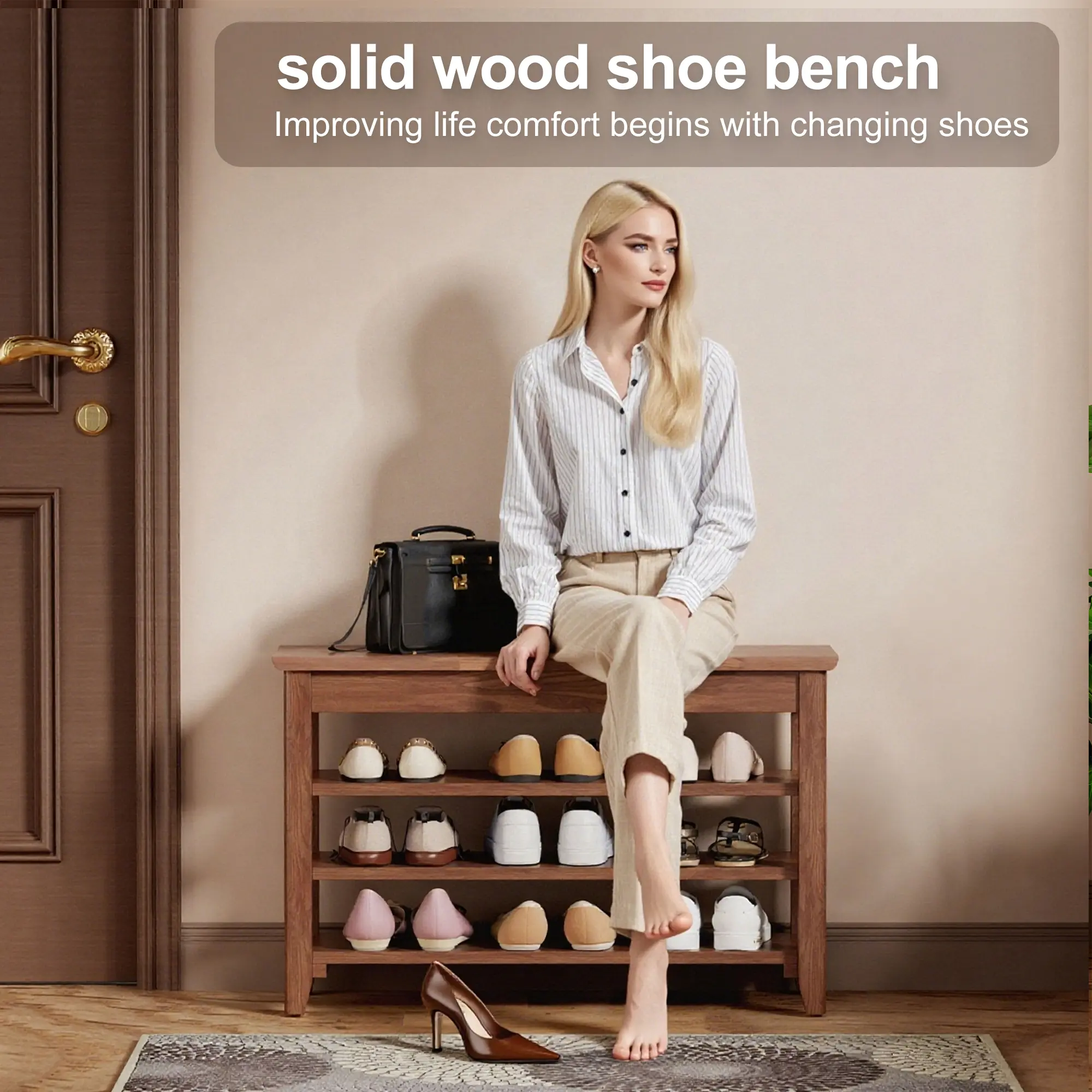 Adjustable shoe-changing bench, storage bench, hidden storage. With a load-bearing capacity of up to 550 pounds, suitable for bedrooms and corridors. 100% solid wood.