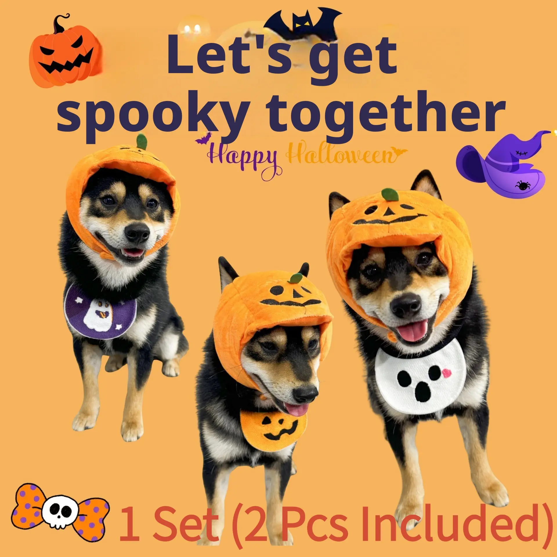 Halloween Pet Pumpkin Hat & Ghost Bib Cosplay Costume Set for Dogs