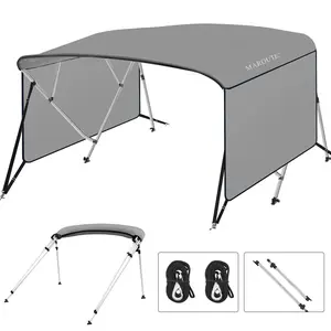 4 Bow Bimini Top Cover, 8ft Gray 600D Waterproof Canvas Sun Shade for Pontoon & Fishing Boats, Fits 85"-96" Wide, with 1" Aluminum Frame, Detachable Side Curtains & Rear Support Poles