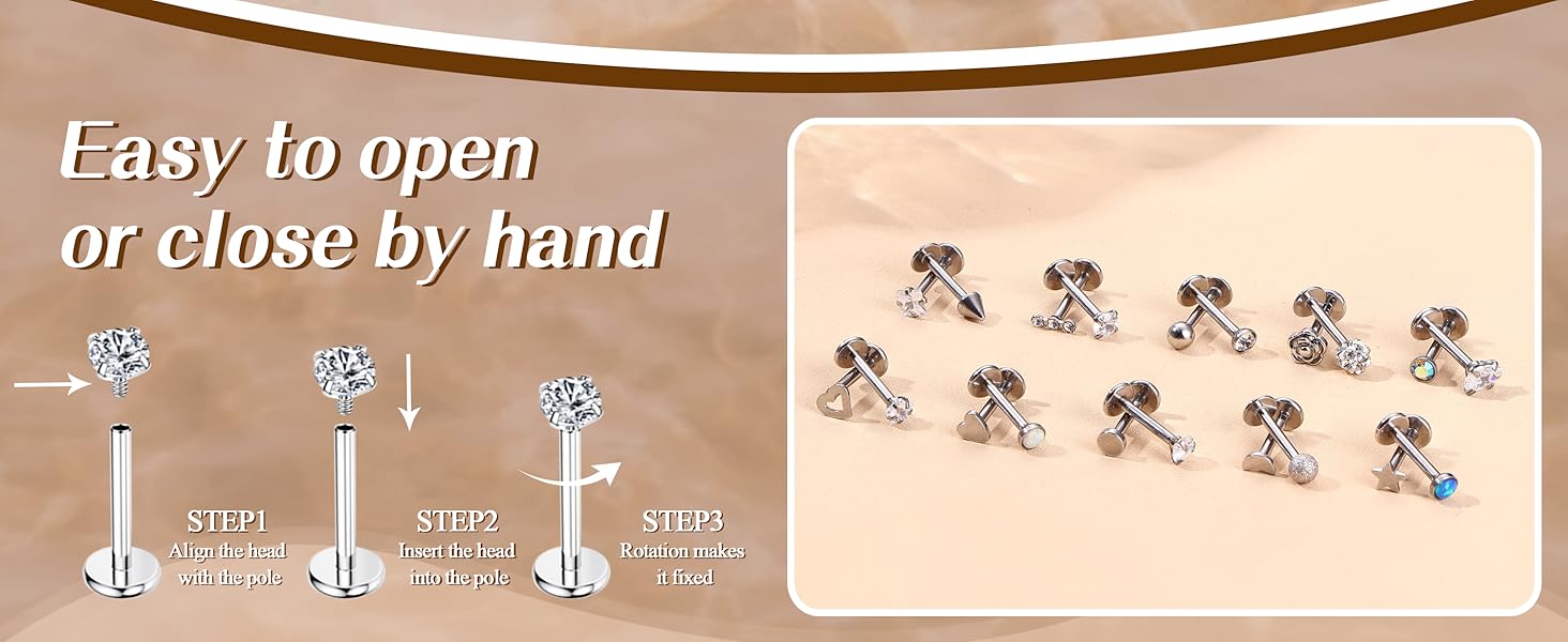 YADOCA 20 Pcs Tragus Cartilage Forward Helix Stud Earrings for Women Men Monroe Labret Lip Nose Studs Stainless Steel CZ Balls Heart Flower Medusa Flatback Piercings Earrings 16G