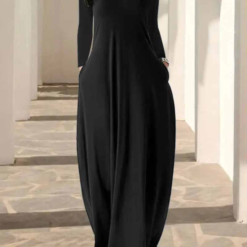 Women's Ultra-Long Plain Dress, Round Neck Long Sleeve Pocket Nightgown, Comfortable Casual Style, Soft Fabric, All Seasons Wear