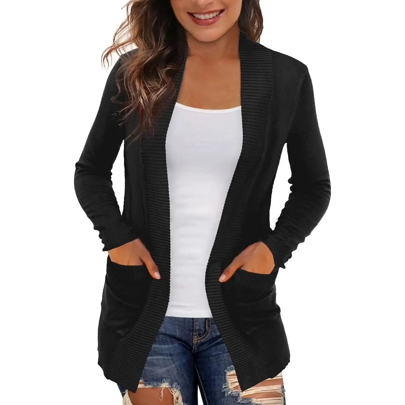 Women's Viscose Long Sleeve Cardigans, Casual Lightweight Open Front Tops with Pockets, Everyday Style (S-2XL), Knitwear