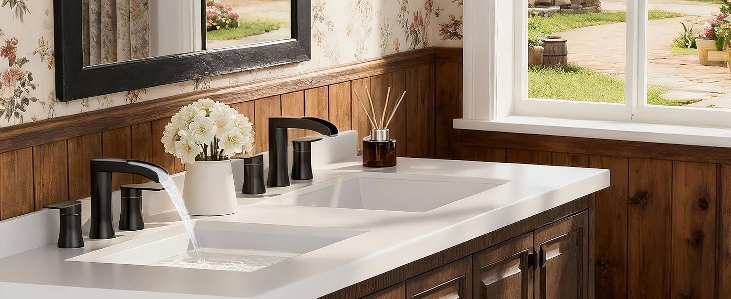 SSREEZNX Waterfall Faucets Brushed Nickel, Sink Faucet 3 Hole, Widespread Sink Faucet with Pop-up Drain and Line for