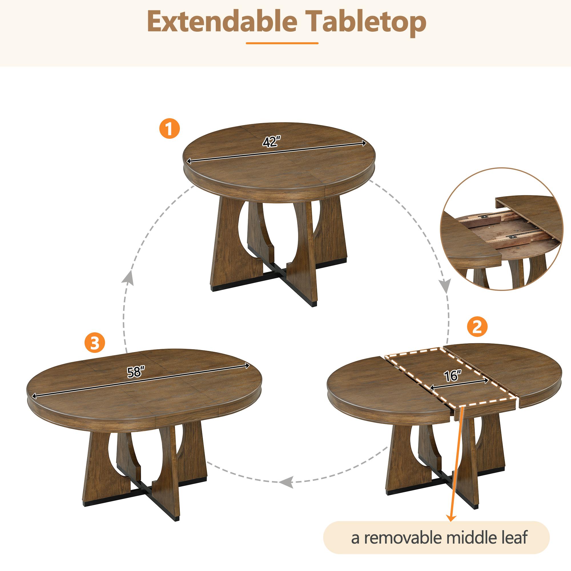 ARCH TREXM Round Dining Table for 4 with Chairs Set, Extendable Dining Table Set with 16" Removable Middle Leaf, 5 Piece Retro Dining Table Set Unique Geometric Design for Kitchen, Dining Room (Walnut)