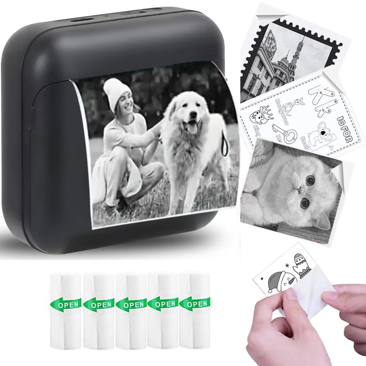 Wireless Mini Printer, Portable Inkless Thermal Label Maker Printer, 5 Rolls Paper, for Photos, Notes, DIY, Compatible with iOS and Android