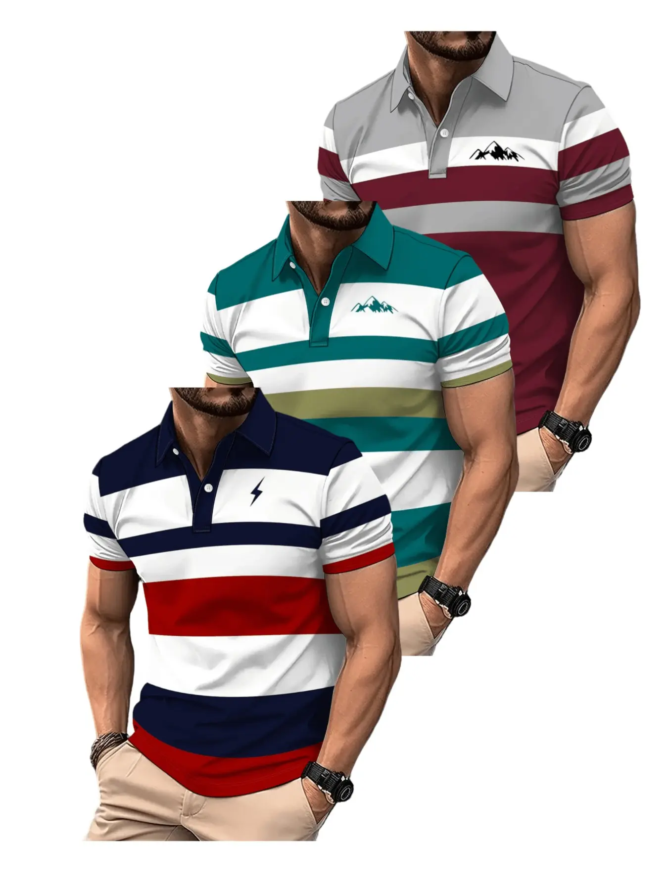 3-Pack Men's Short Sleeve Polo Shirts, Printed Design, Breathable Fabric, Casual Street Style, Durable Sewn Short Sleeve Tops