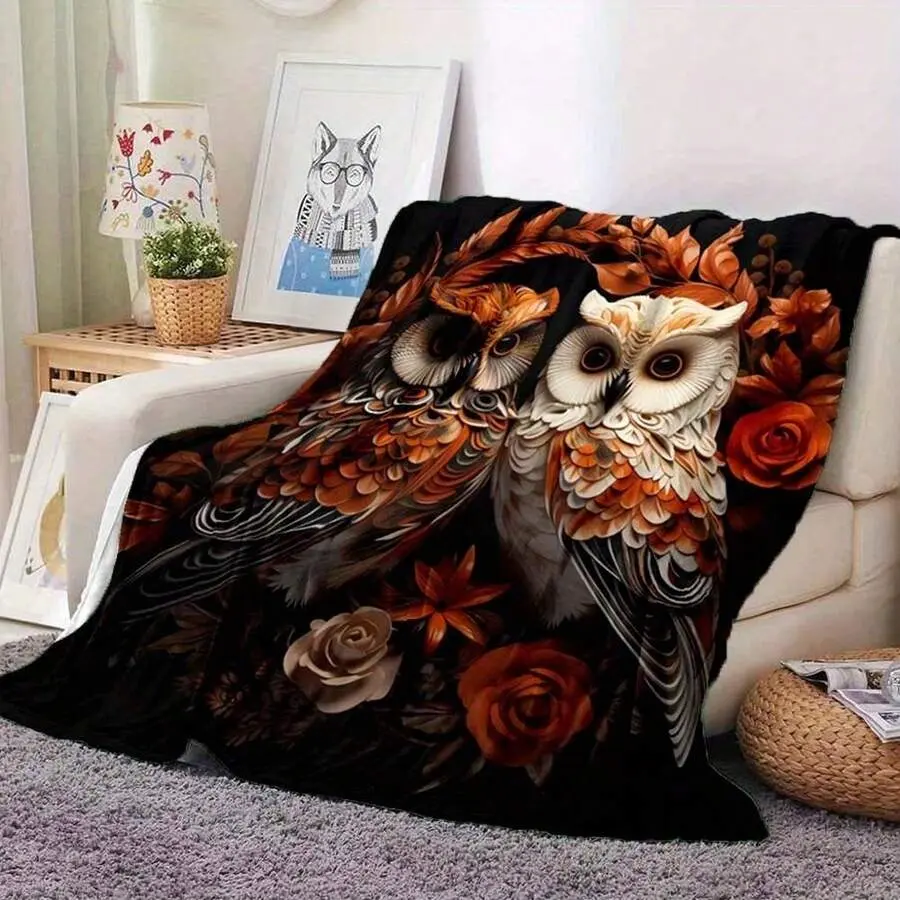 Owl Pattern Flannel Blanket - Ultra Soft, Multi-Size, Floral & Owl Design, Suitable For Sofa & Home Office, Winter Bedding Essential, 1-Piece
