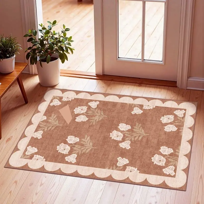 Front Door Mat Outside Entrance, 2x3 Ft Floral Print Rug Non-Slip Washable Doormat, Indoor Outdoor, Decorative Rug, Farmhouse Kitchen Rugs, Tan Neutral Farmhouse Scalloped Entry Rug for Entryway, Kitchen, Porch, Home Decor