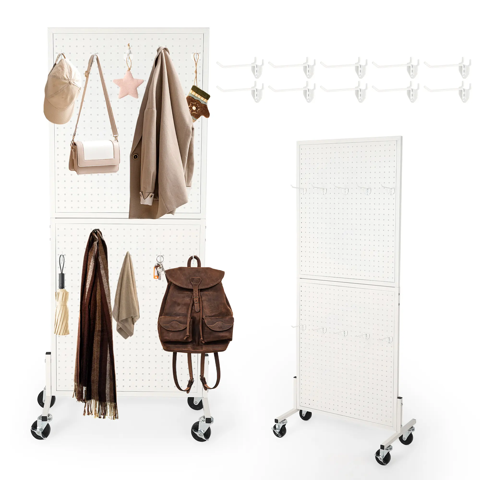 Double Sided Rolling Metal Pegboard Display Stand with Lockable Wheels, Freestanding Perforated Panel Storage Rack with Peg Hooks for Craft Fair, Art Show, Retail Store, Shop, Market, Home & Garage,25" x 14"