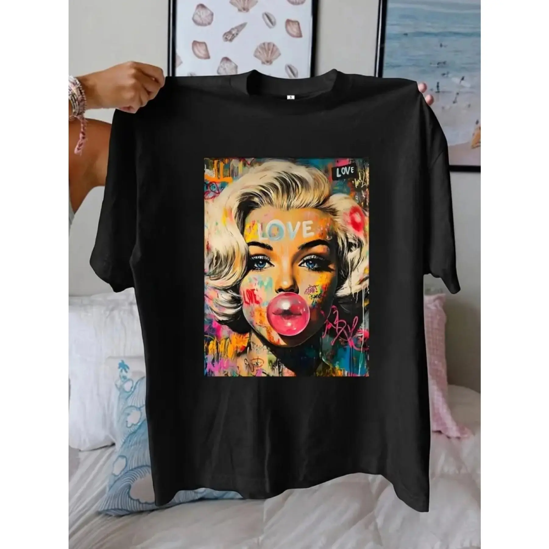Women's Black Abstract Print Short-Sleeve Round-Neck T-Shirt - Casual Soft Breathable Graphic Top, Fashion Streetwear Basic for Everyday All-Match Outfits, Shortsleeve