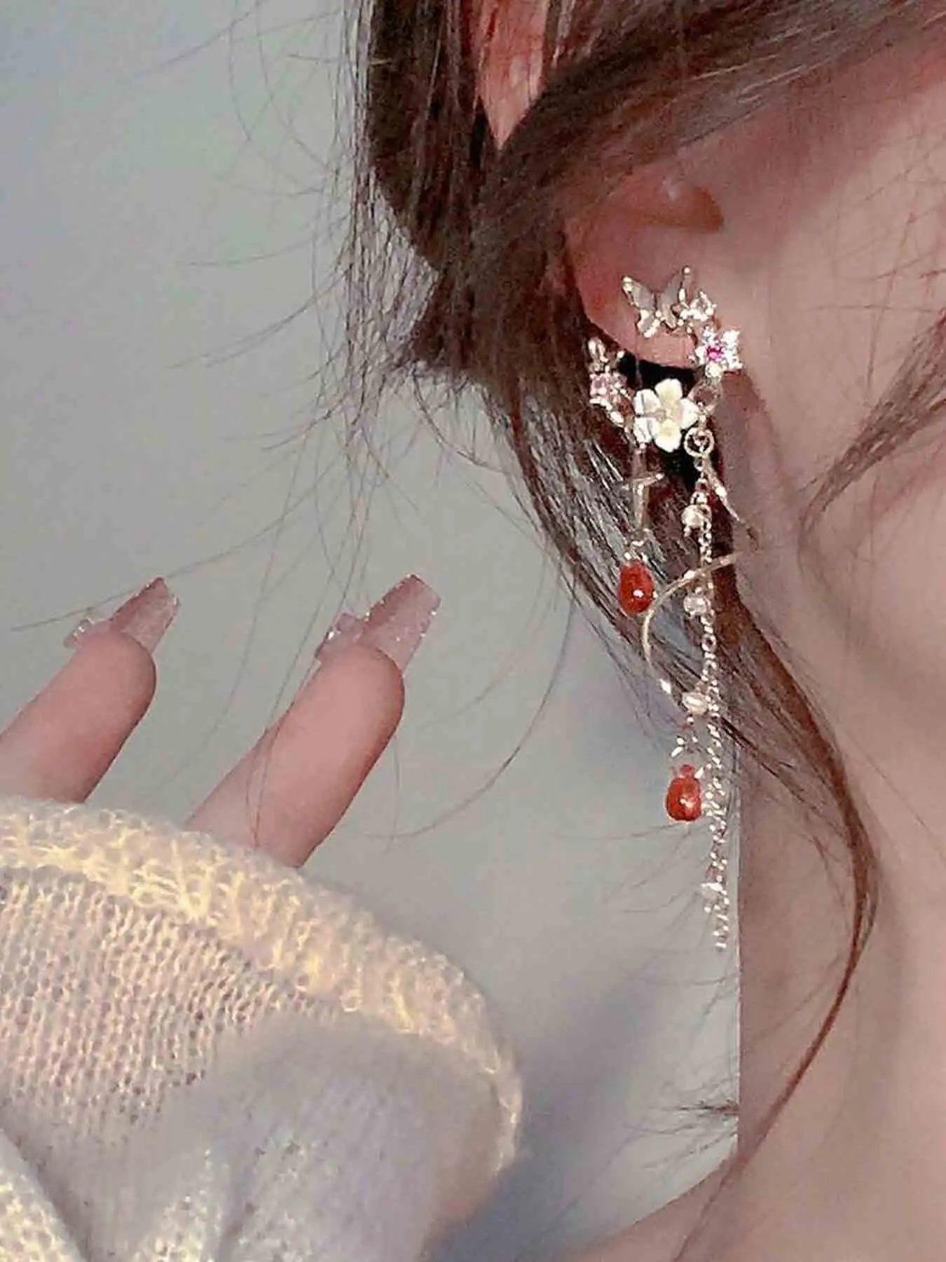 Fashion Sweet Butterfly Flower Star Drop Fringe Pendant Long Stud Earrings, Elegant Floral Design, Perfect for Parties, Unisex Jewelry, Summer Earrings
