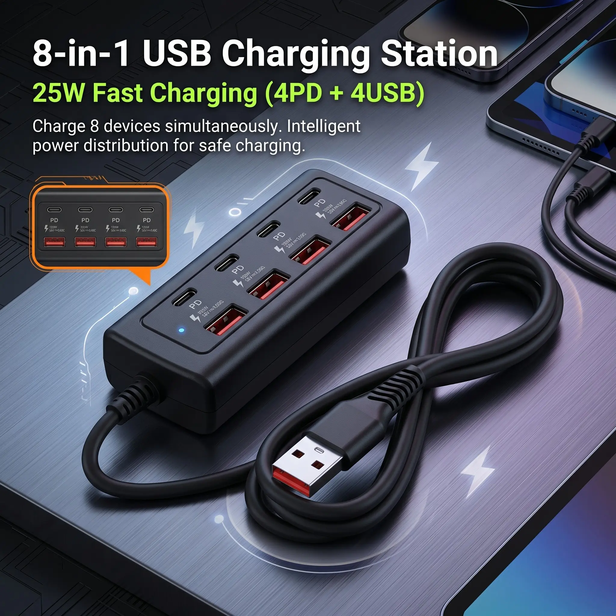 Fast Charging Multi-Port Power Strip Adapter, 8 Ports HUB with 4 USB & 4 Type-C (25w), High-Speed Charger for PC, Laptop, Tablet, USB Port Gadget, Type C Devices, Gift Set