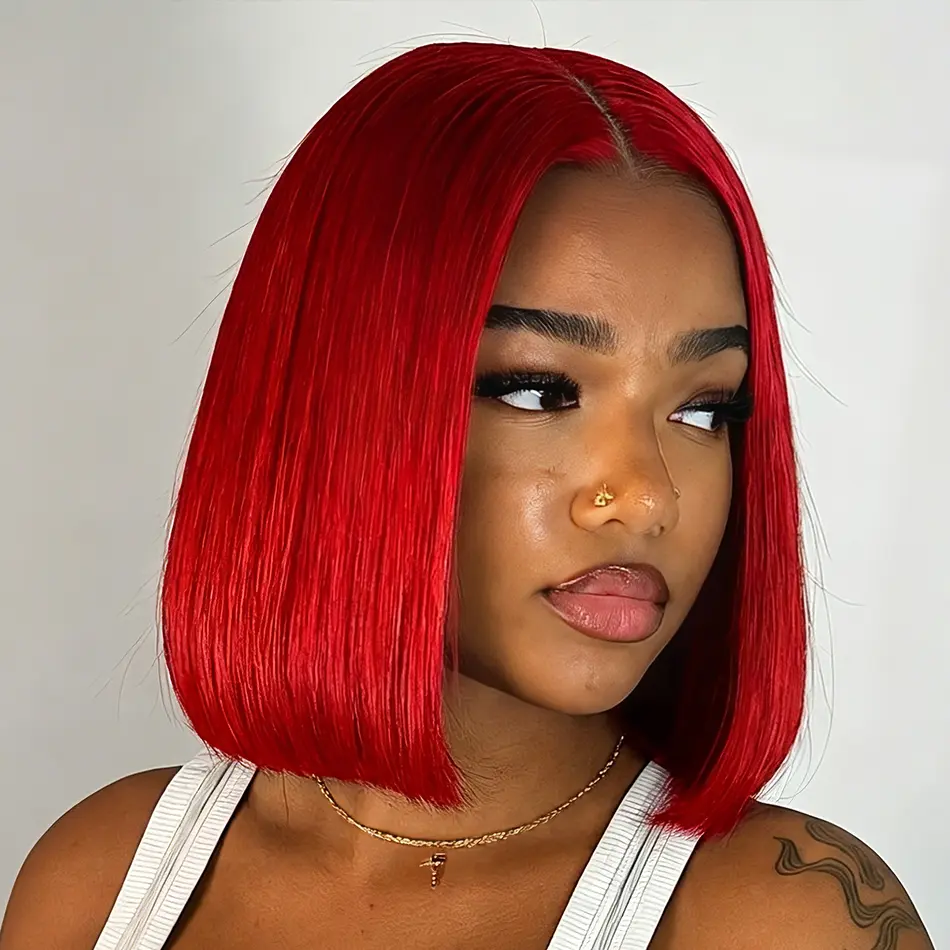 Burgundy Red Short Bob Wig Glueless 100% Brazilian Human hair 13x4 HD Lace Front Wig Middle Part Super Double Drawn Bone Straight Transpaent Lace Frontal Wig Colored Human Hair Wigs For Women Pre Plucked 180% Density