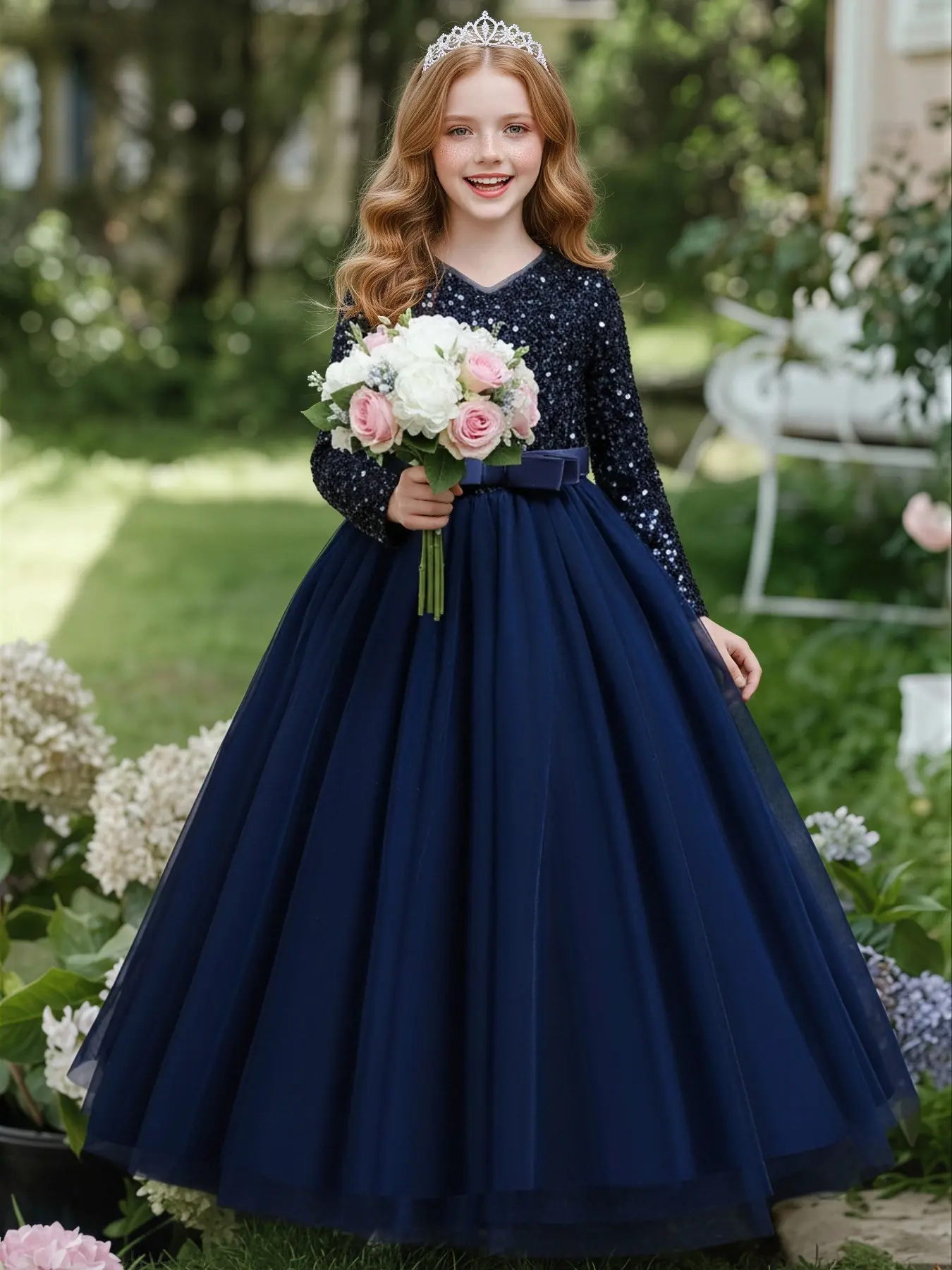 girls christmas party dress Girls' Dress, Elegant Sequined Evening Gown, Long Sleeve Bow Front Mesh Skirt, Perfect for Birthdays & Celebrations Baby girl Sequin Color:Emerald RUCHED-WAIST Anthropologie Mare Mare Faux Click Add to Cart