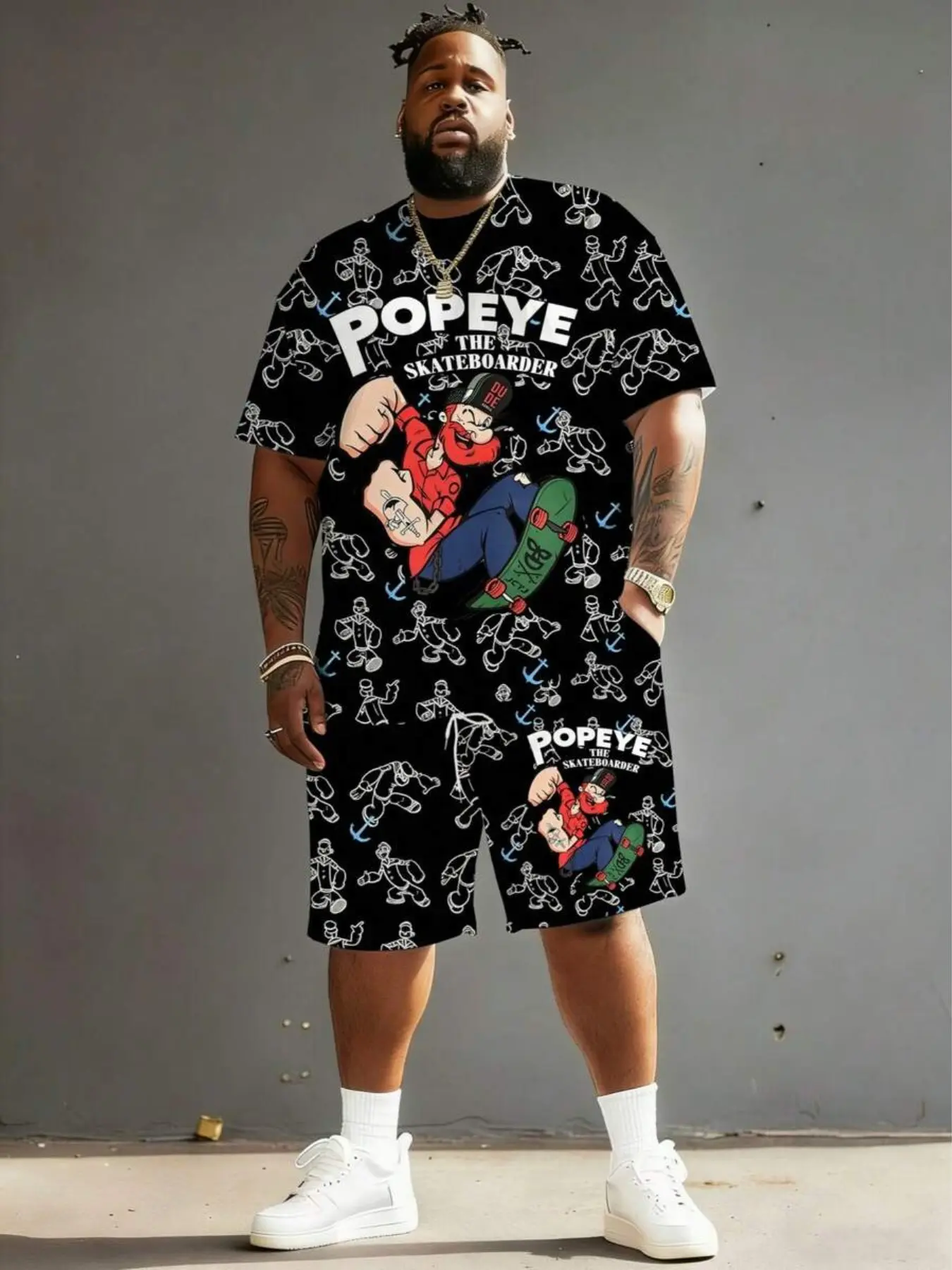 Men's Plus Size 3D Print Casual Two-Piece Set, Street Fashion Cartoon Series, Polyester Knit Fabric, Round Neck Design, All Seasons
