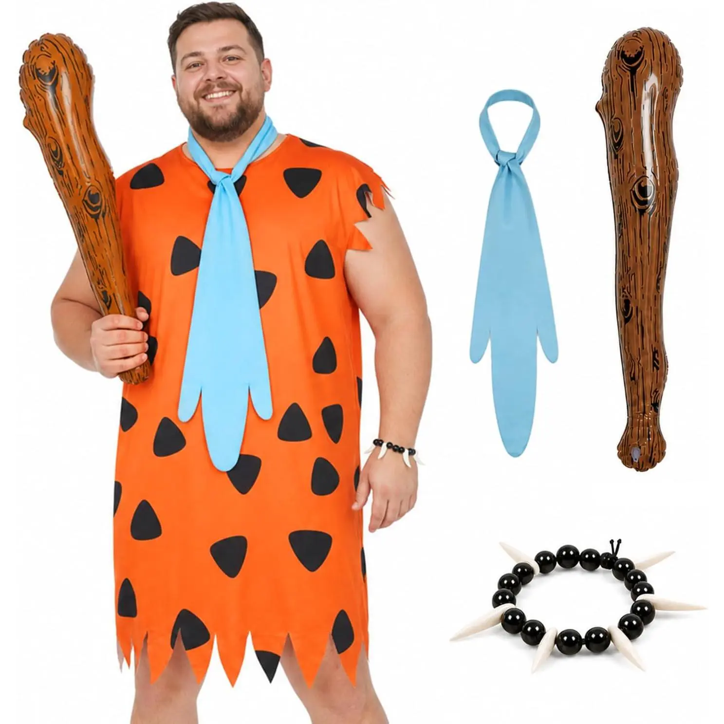 Men's Caveman Costume Set with Tunic, Tie, Bracelet and Inflatable Club | For Halloween, cosplay, comic conventions, themed parties, and costume events.