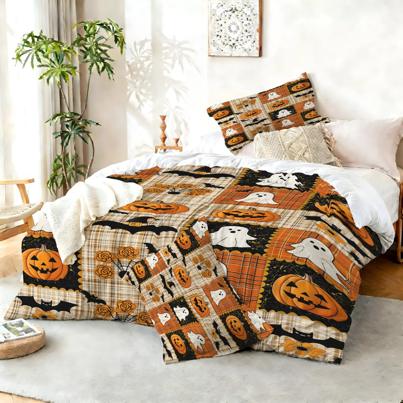 2/3pcs Retro Halloween Ghost Pumpkin Bat Patchwork Digital Print Duvet Cover Set, Comforter Cover Bedding Set, No Filler, Soft Microfiber, Holiday Spooky Pattern, Ideal Bedroom Decor for Halloween Gothic Style Home Decoration