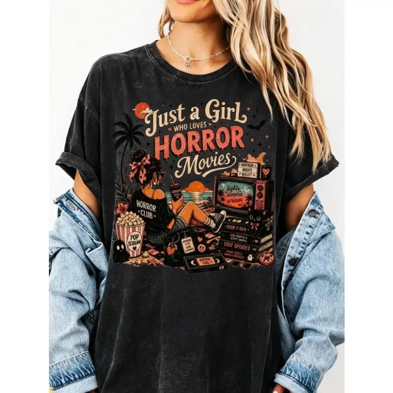 Retro Horror Club Beach Girl Graphic Washed T-Shirt ,Vintage Halloween Movie Tee, Just a girl who loves horror Halloween  movies Summer T-Shirt ,Vintage Halloween Tropical 90s retro