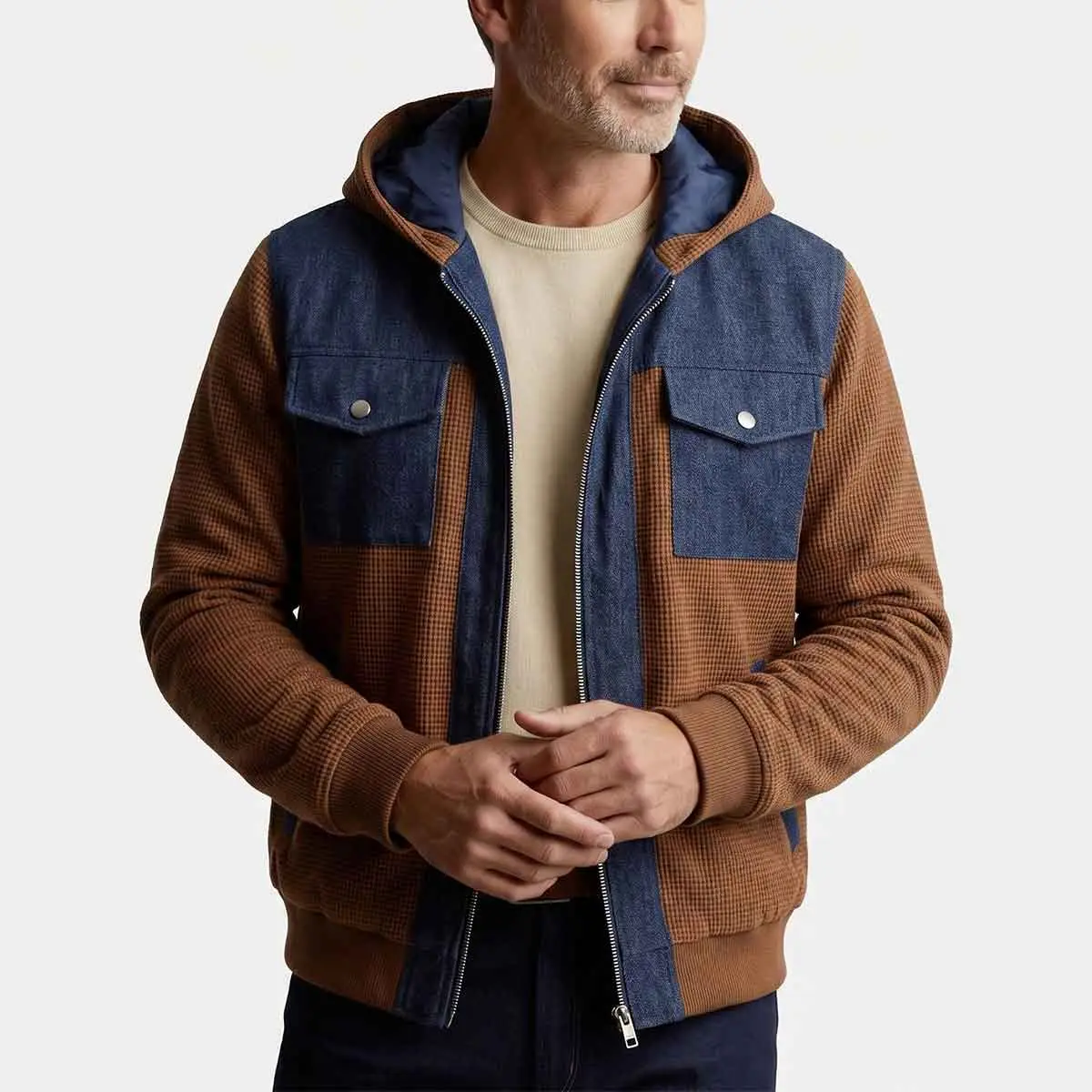 Men's Denim & Waffle Knit Splicing Hooded Bomber Jacket - Menswear Tops, Full-Zip Color Block Outerwear with Snap Flap Chest Pockets, Ribbed Cuffs & Hem, Long Sleeve Fitted Cut Plain Urban Casual Coat for Spring Autumn Daily Use, Snap Flap Pockets, Solid,