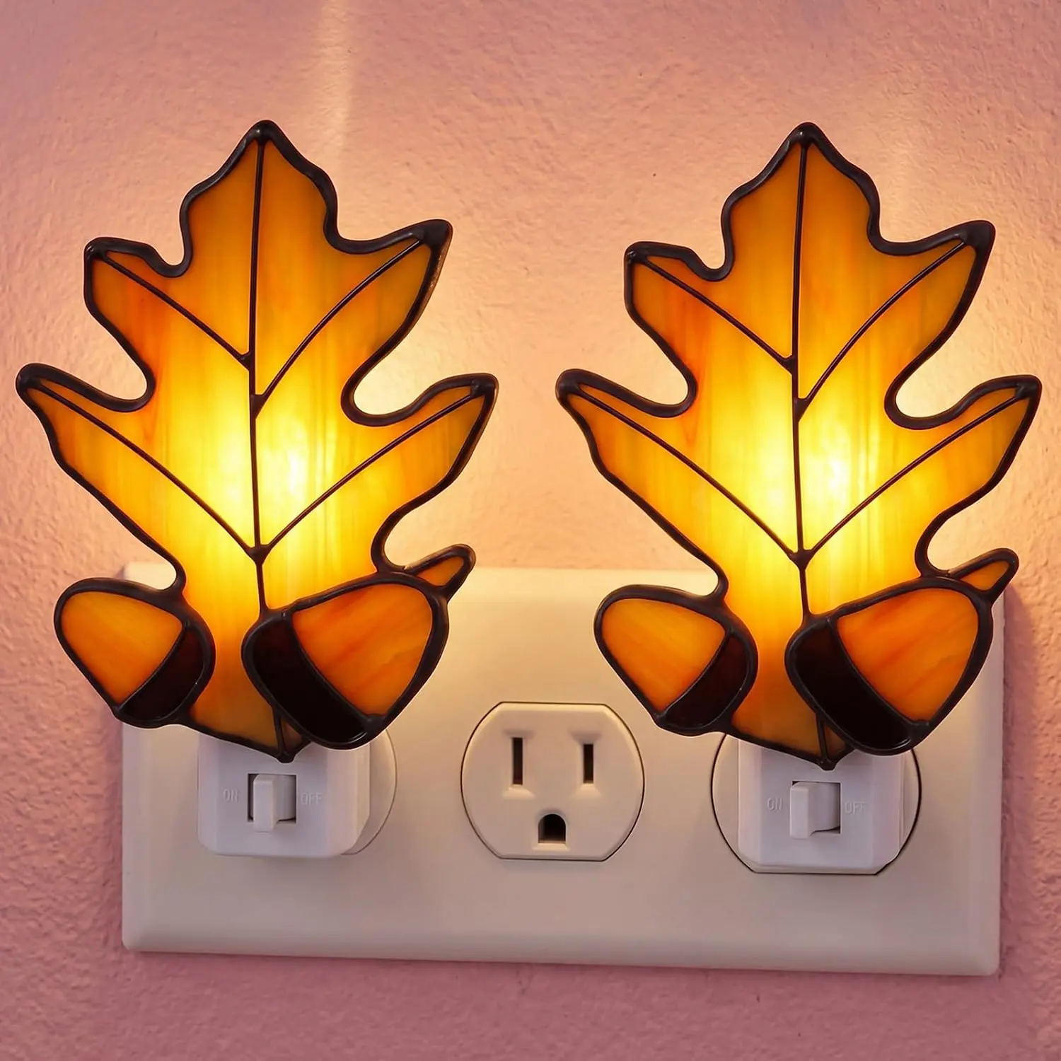 2 count Stained Glass Maple Leaf Night Light Plug into Wall | Orange Fall Seasonal Decor for Thanksgiving Harvest , Bedroom Bathroom Kitchen Hallway, Plug in Ambient Wall Lighting