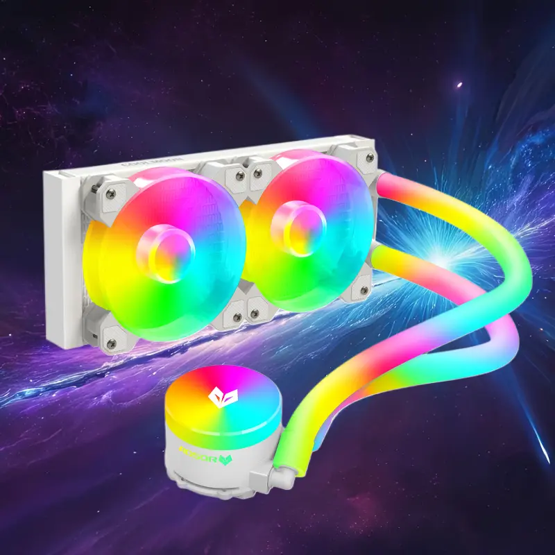 White integrated 240 CPU liquid cooler with temperature control and ARGB lighting synchronization, suitable for desktop computers