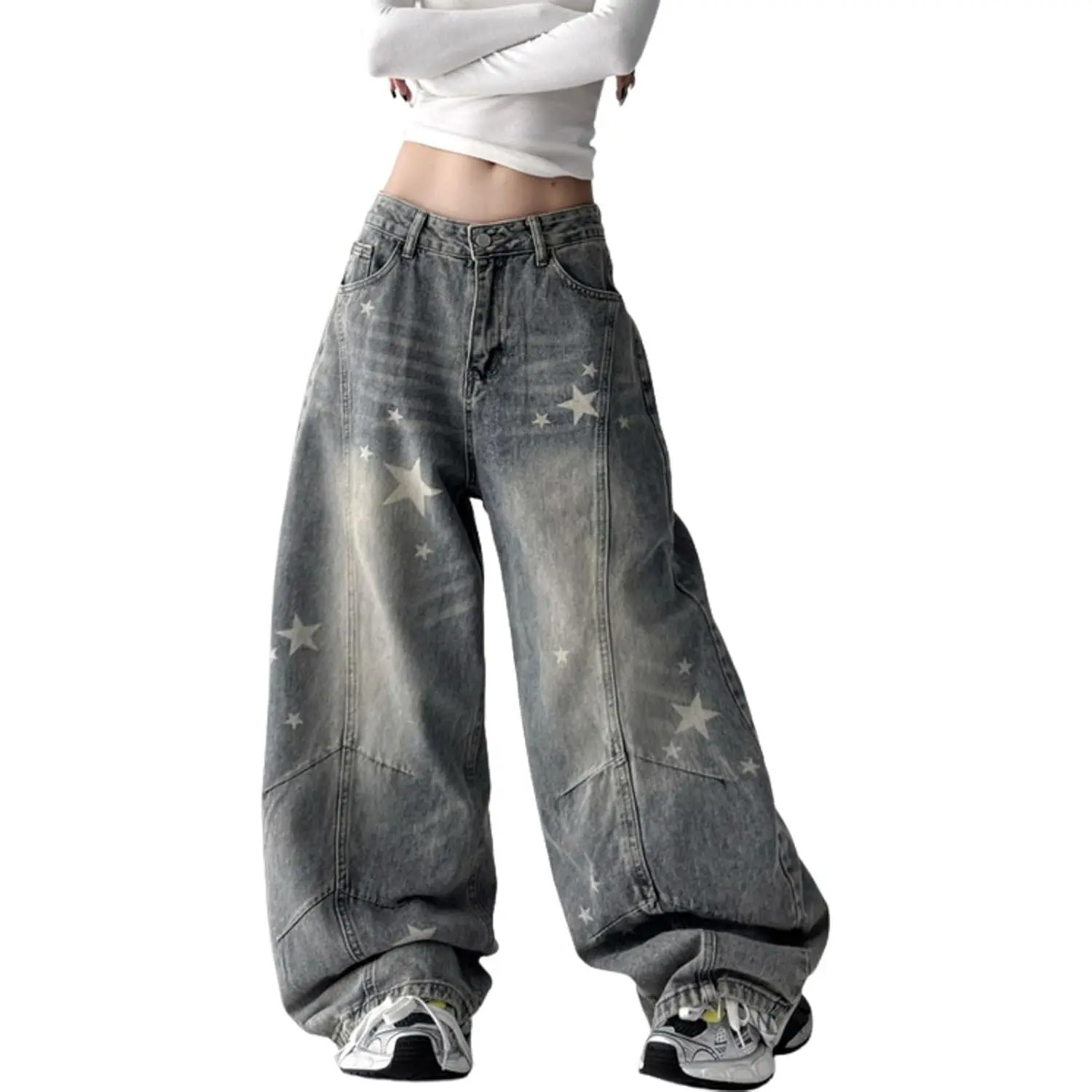 Baggy Jeans Women Girls Star Printed Barrel Jeans Low Rise Cute Grunge Denim Pants Emo Clothes