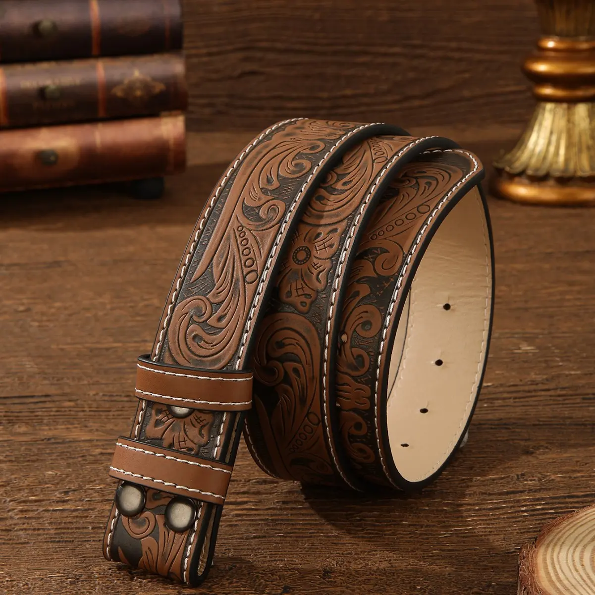 Western Cowboy Floral Scroll Embossed PU Leather Belt, Vintage Rodeo Wide Belt Blank Strap, Unisex Belt for Custom Buckle & Country Jeans Outfits
