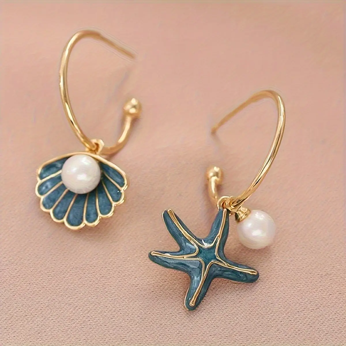 Vintage Posmi shell and starfish pendant earrings with imitation Imitation Pearl, zinc alloy, uncoated, daily wear, Valentine's Day gift -1 pair