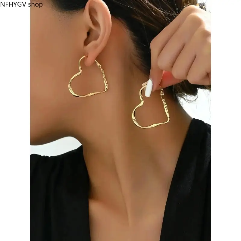 Women Fashion Ear Jewelry Huggie Hoop Earrings, Dainty Copper Ornaments Decorated With Lovely Beating Heart Accents, Lightweight Smooth Metal-Tone Daily Accessory Matching Casual Outfits And Ideal Fine Jewelry For Engagement Events