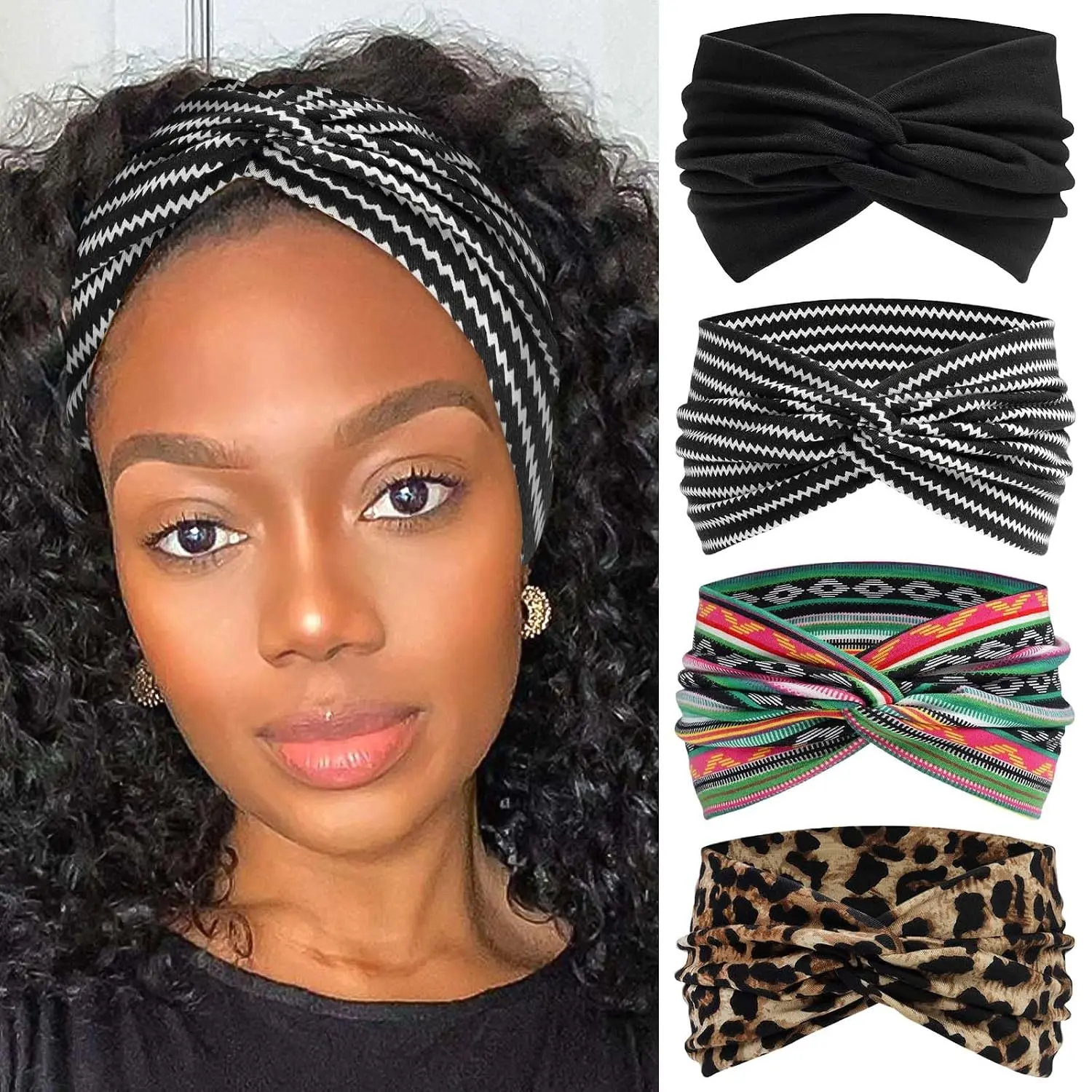 4 Pack Wide Headbands for Women Cute Boho Headband Stripe Knotted Turban  Bands Soft Hair Wraps   Scarf Fashion Turban Hairband Large Scarf Headband For Women’s Hair Accessories