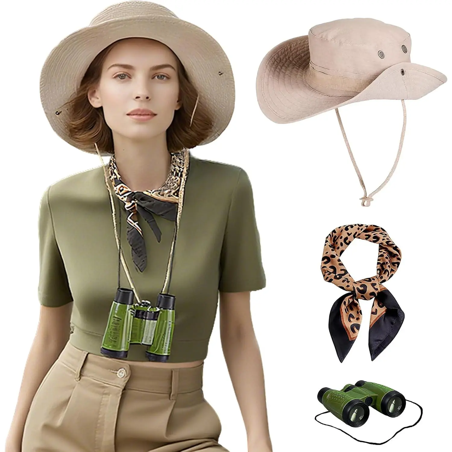 3 count Women Safari Explorer Costume Beige Sun Hat with Leopard Print Scarf and Green Binoculars for Halloween Parties, Any Outdoor Adventure Costume Event