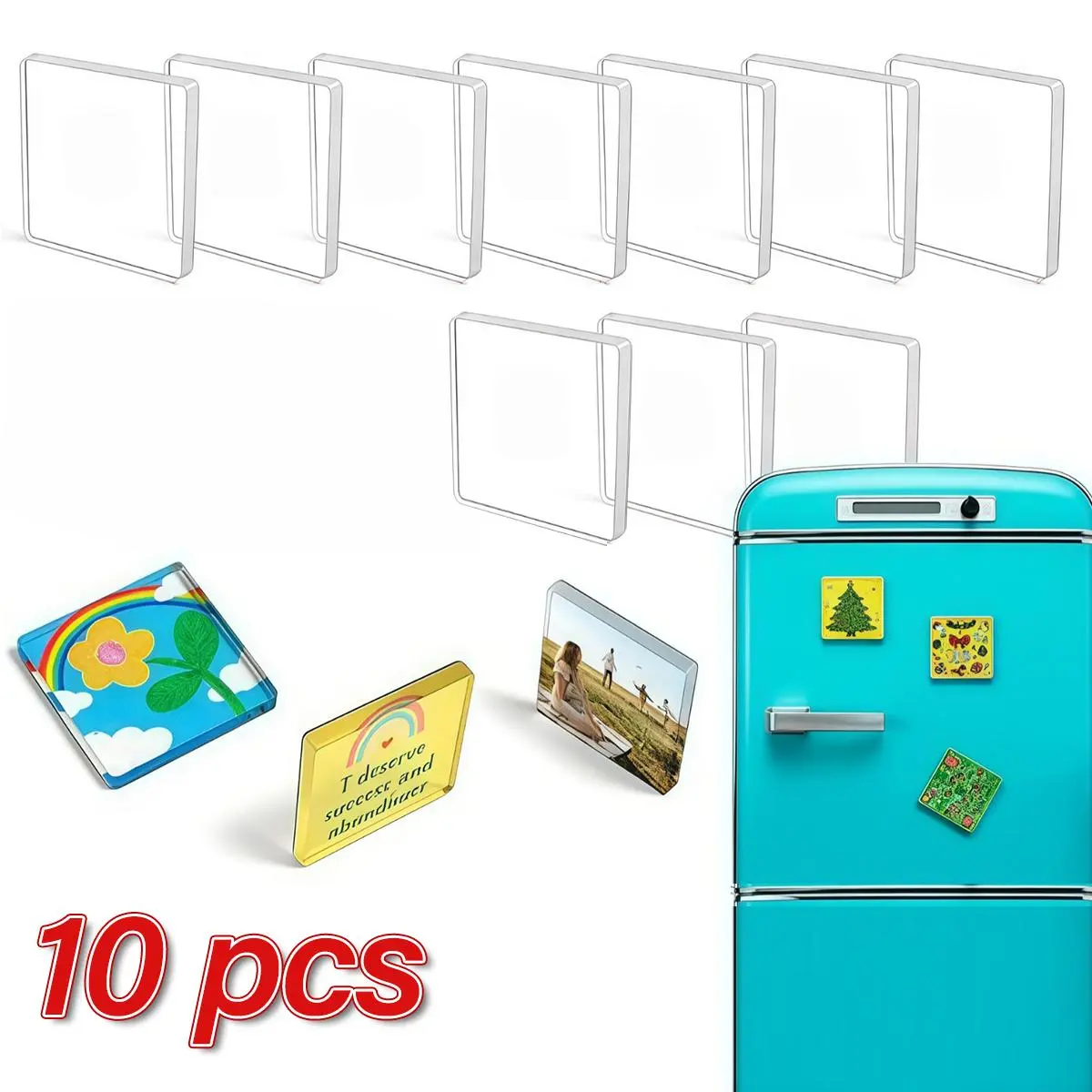 10 Pack Square Blank Refrigerator Magnets Kit, Peel & Stick Acrylic Picture Frames for Fridge, Includes Pre-Cut Cardstock & Storage Case, DIY Custom Photo Decor for Kitchen Classroom Office