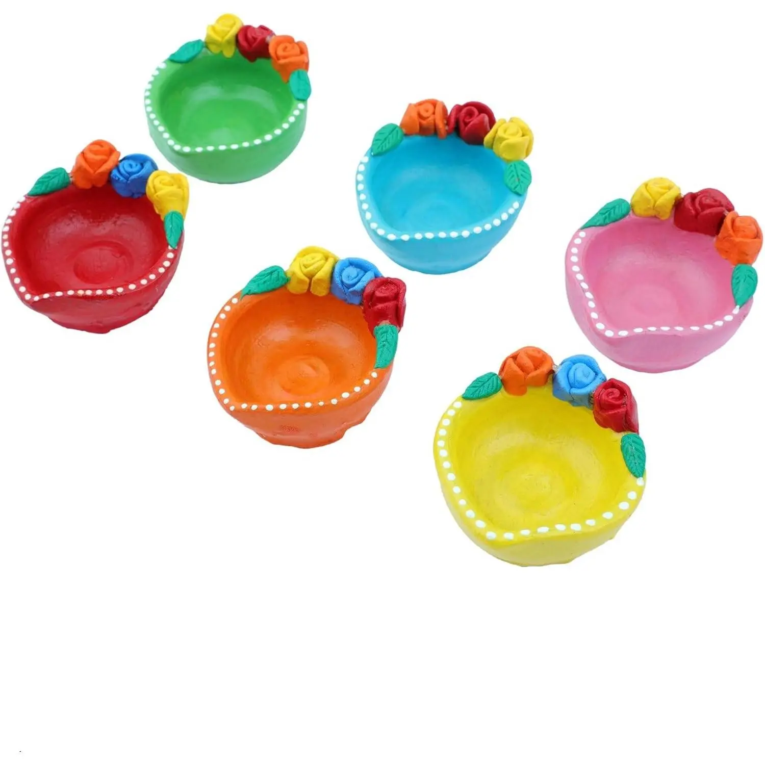 Set of 6 Handcrafted Clay Diya Oil Lamps | Decorative Earthen Flower Design | Indian Traditional Festival Decor for Home Office | Diwali & New Year Return Gifts (1.5 Inch)