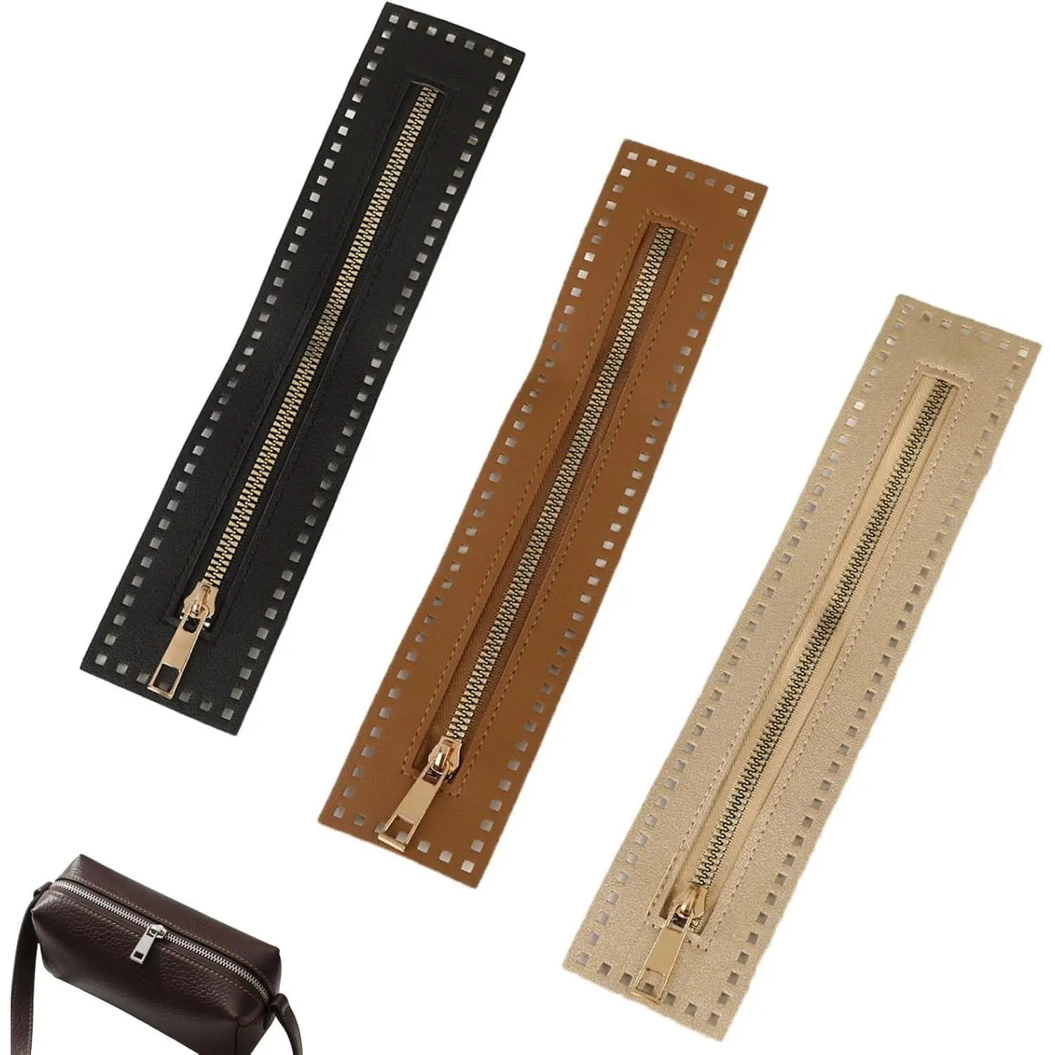 Crochet Zipper with Pre-Punched Holes 3 count 10.6 Inch PU Leather and Metal Zipper Fasteners for Bag Making Purse Crafting and Sewing Projects