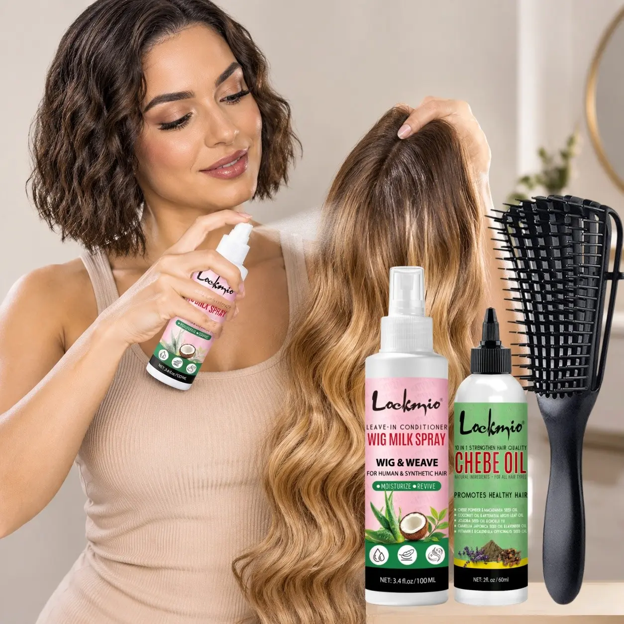 3pcs Wig Care Set Wig Milk Spray, No-Rinse Hair Care Suitable for synthetic & human hair For daily combing, anti-frizz, Frizz control, smoothing effect Infused with Chebei essential oil, soothes scalp, nourishes dry hair Comes with octopus comb