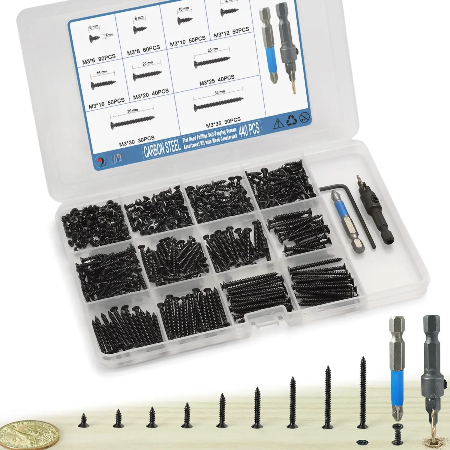 440-Count Flat Phillips Carbon Steel Self-Tapping Screws Kit with Adjustable Countersink, M3 Size CSQ235 Furniture Fixings