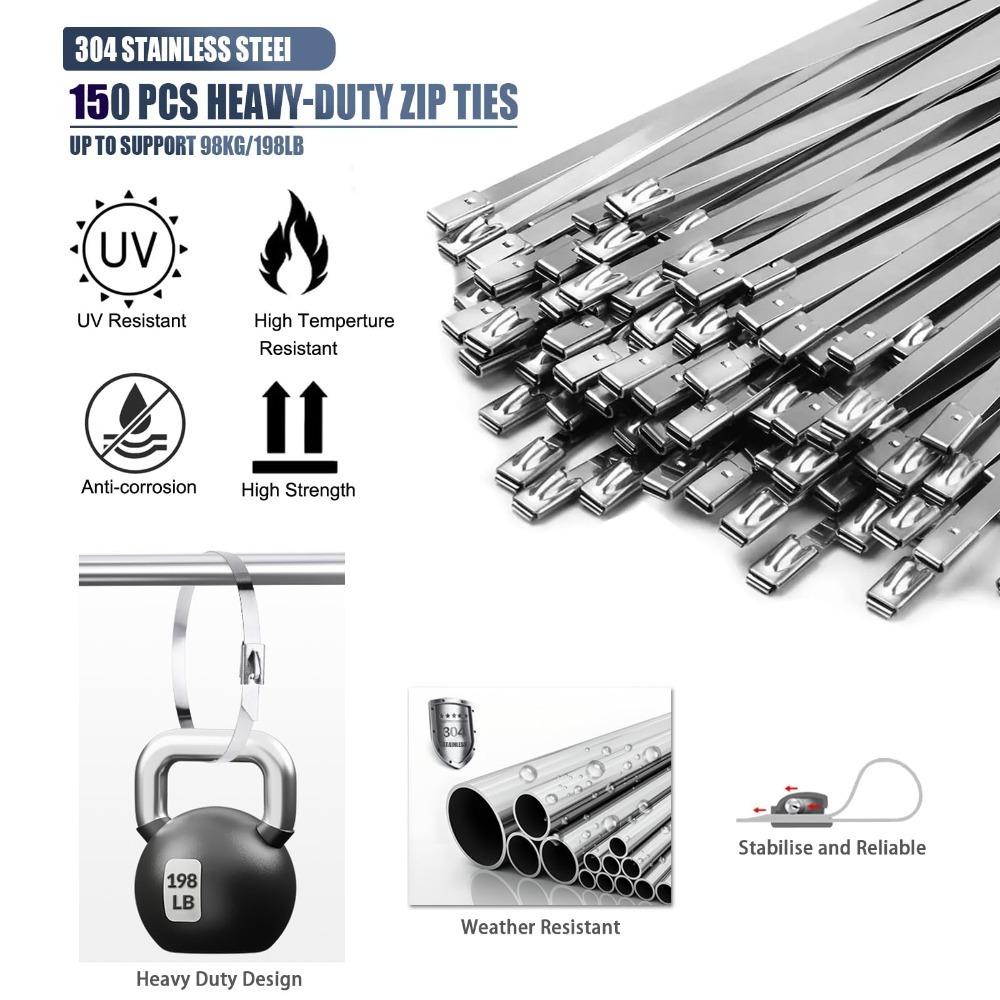 150 Pcs Metal Zip Ties Set, Multifunctional Cable Zip Ties, Stainless Stee Metal Zip Ties, Suitable for Outdoor Chain Link Fence and Exhaust Wrap, Cheap Stuff Industrial Hardware