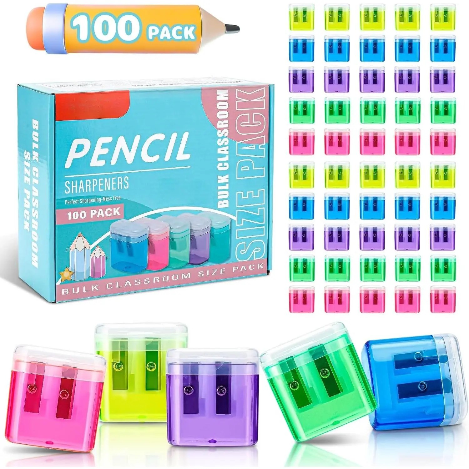 100 Pack Pencil Sharpeners Bulk - Colored Handheld Pencil Crayon Double Hole Sharpener, School Classroom Supplies
