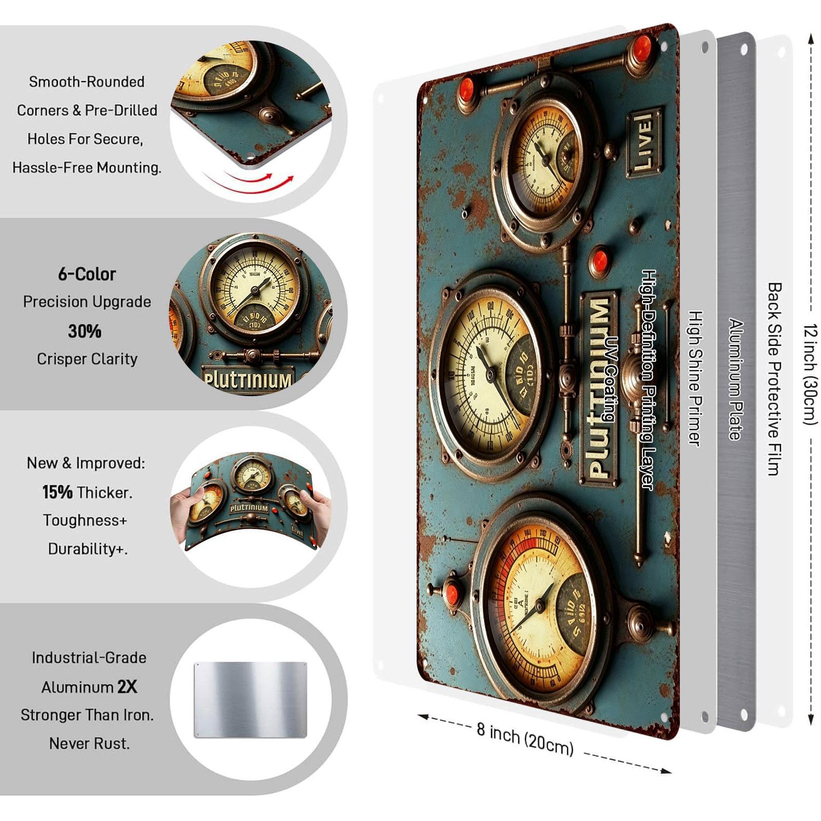 "Vintage Steampunk Pluttinium Control Panel" 8x12 Inch Aluminum Metal Sign - Industrial Wall Decor for Man Cave, Garage, and Game Room - Retro Tin Poster with Rustic Gauge Design - Durable, Weatherproof, and Easy to Hang
