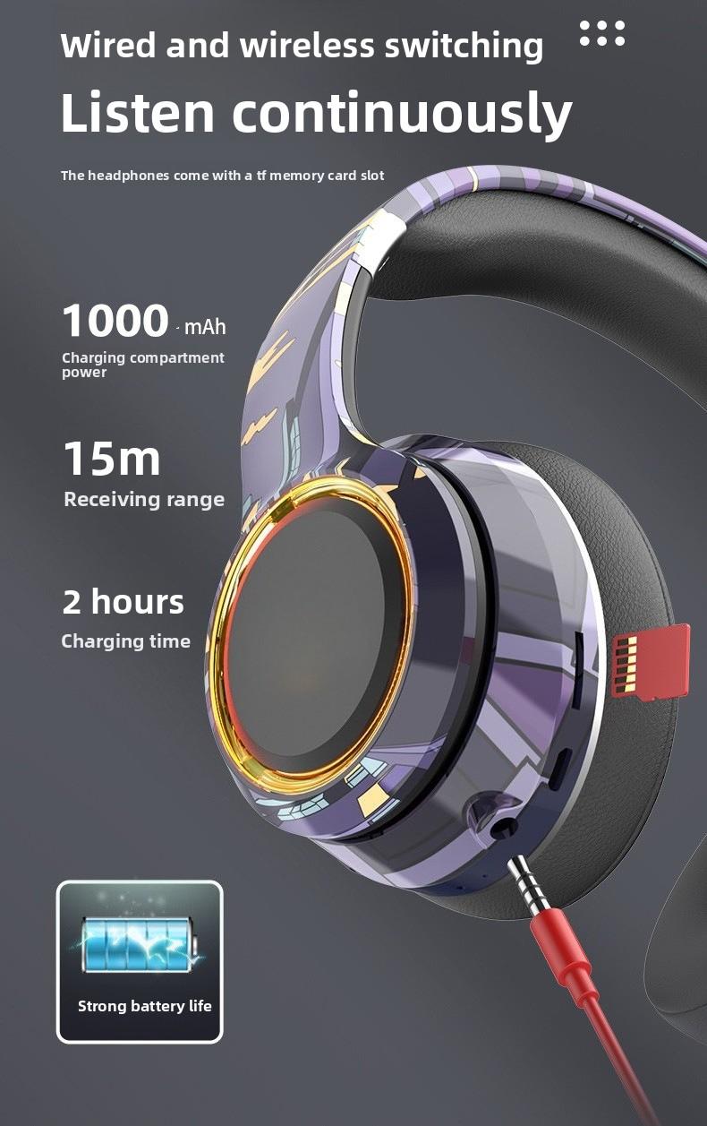 Luminous wireless over-ear Bluetooth headphones with SD card slot, noise cancellation, suitable for gaming and mobile phones.
