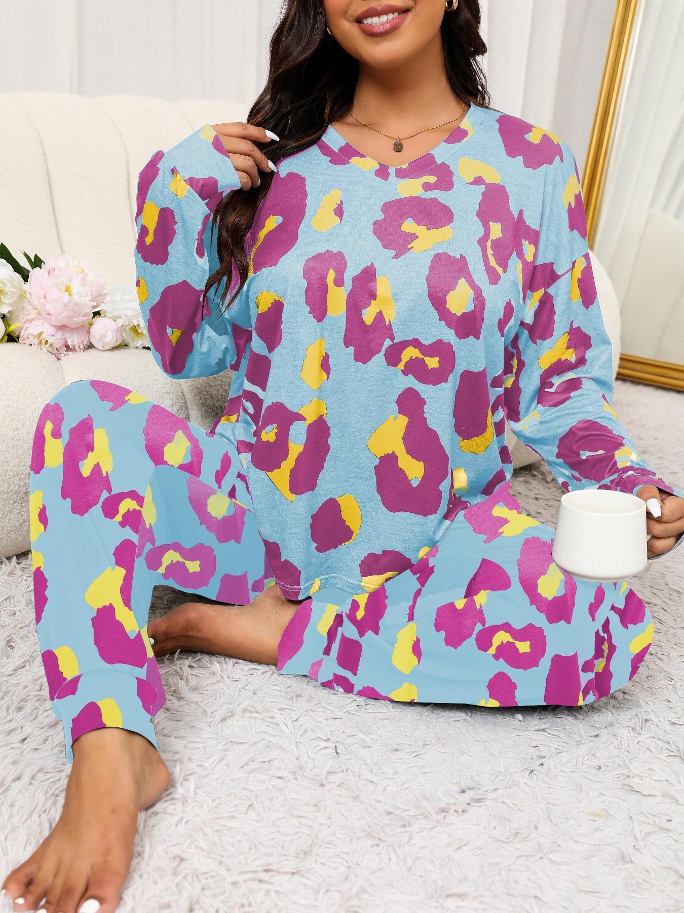 2 Piece Set Plus Size Leopard Print Pyjama Set, Casual Long Sleeves Drop Shoulder Tee & Plain Pants Set for Women, Women's Sleepwear for Spring & Fall,  Pyjamas for Women, Pajama Set