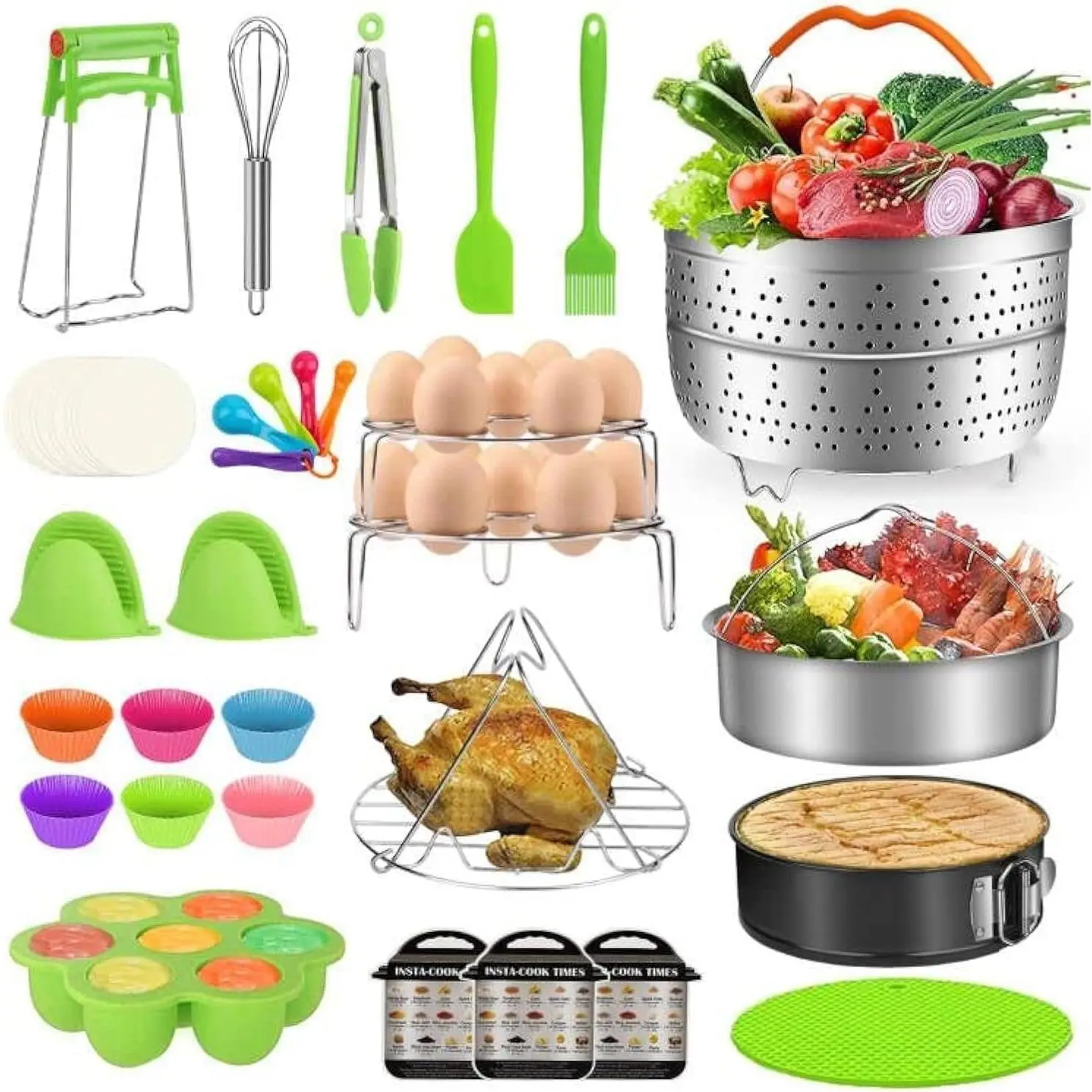Sturdy PBA-Free Stainless Steel 98-Piece Instant Pot Cookware Accessories Set for 5,6,8 Qt - 2 Steamer Baskets, Springform Pan, Egg Steamer Rack, Egg Bites Mold, Kitchen Tong, Silicone Pad, Oven Mitts, Meal Prep Cheat Sheet Magnet