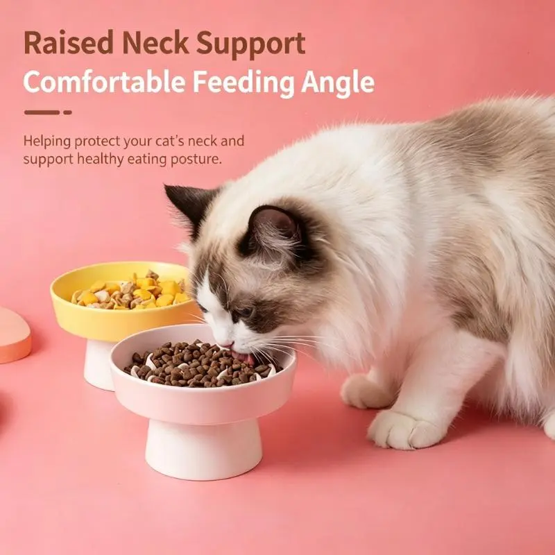 Ceramic Elevated Slow Feeder Bowl for Indoor Cats - Maze Texture, Whisker-Safe Tilt, Anti-Vomit, Heavy Stable Base, Dishwasher Safe for Dry & Wet Food, Elevated Feeder