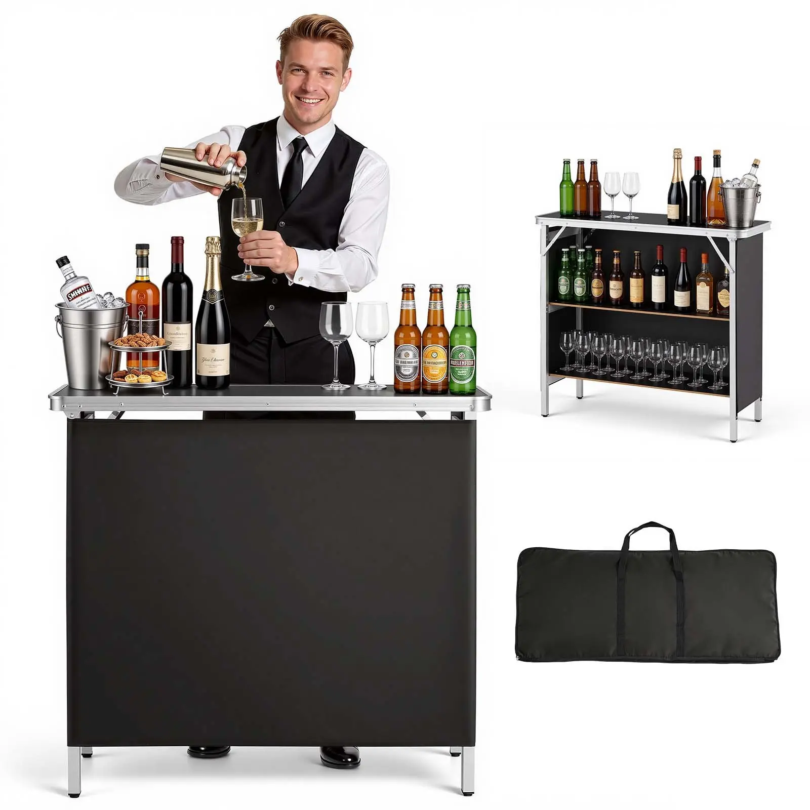 VEVOR Folding Portable Bar Table, 38.6 x 15.2 x 34.3 in, with Carry Bag, Storage Shelf, and Detachable Skirt, Quick and Easy Setup, Foldable Mobile Bartending Station for Events, Party, Tradeshow
