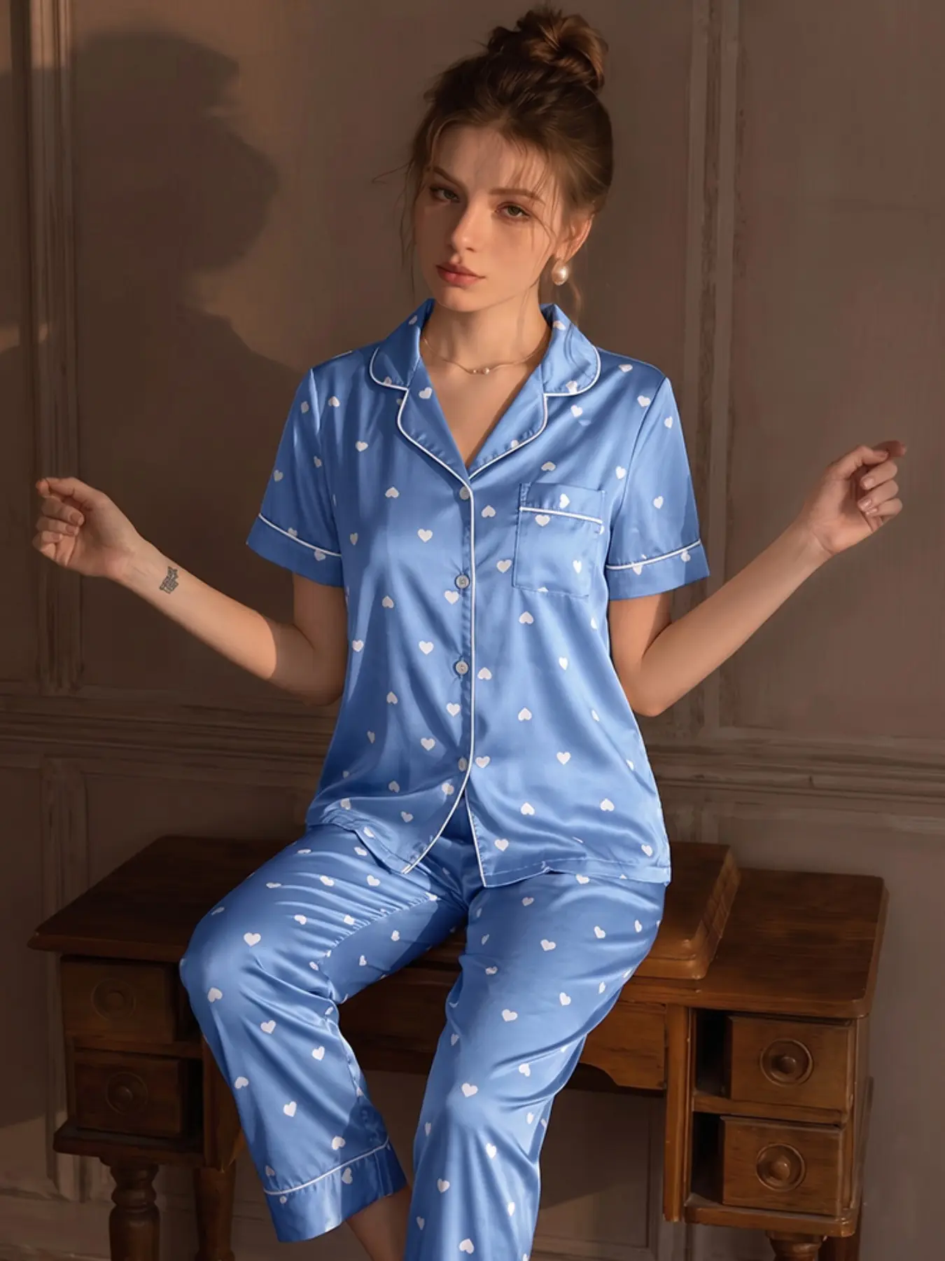 Women's Pajama Set, Heart Print Button Front Cardigan, Comfortable Sleepwear, Fashion Night, Casual Fitted Design, Ankle Length, Pyjamas