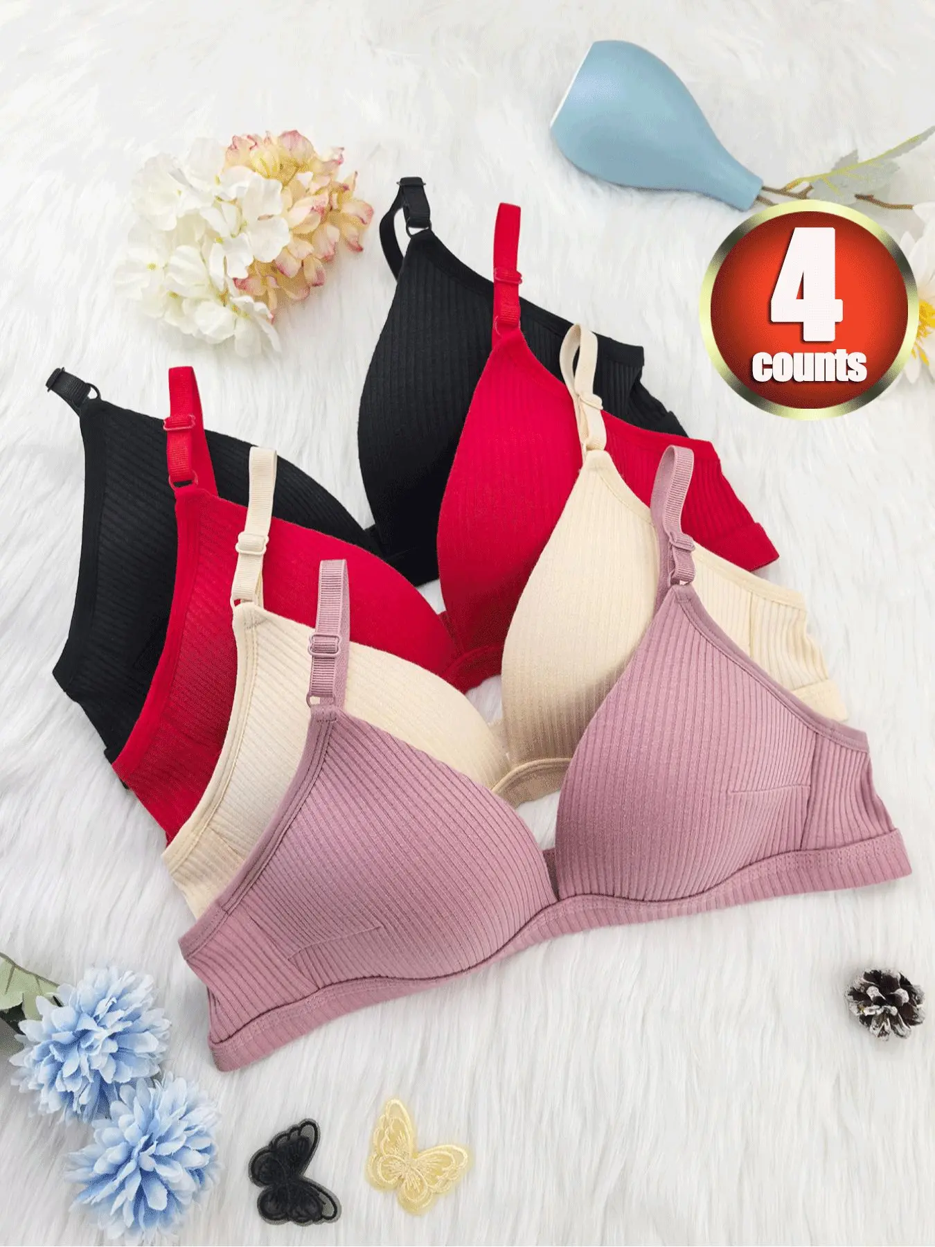 4 pieces of deep V lace women's bra, non-underwire lingerie comfortable, Soft, breathable, Adjustable, Medium Fit, ladies' lingerie bra, daily casual bra, Deep V Bras